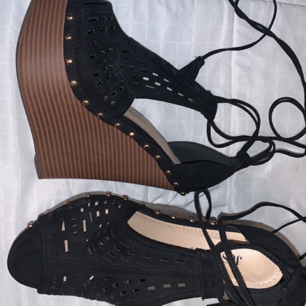 Just Fab Black Suede Gold Studded Tie Wedge Heels